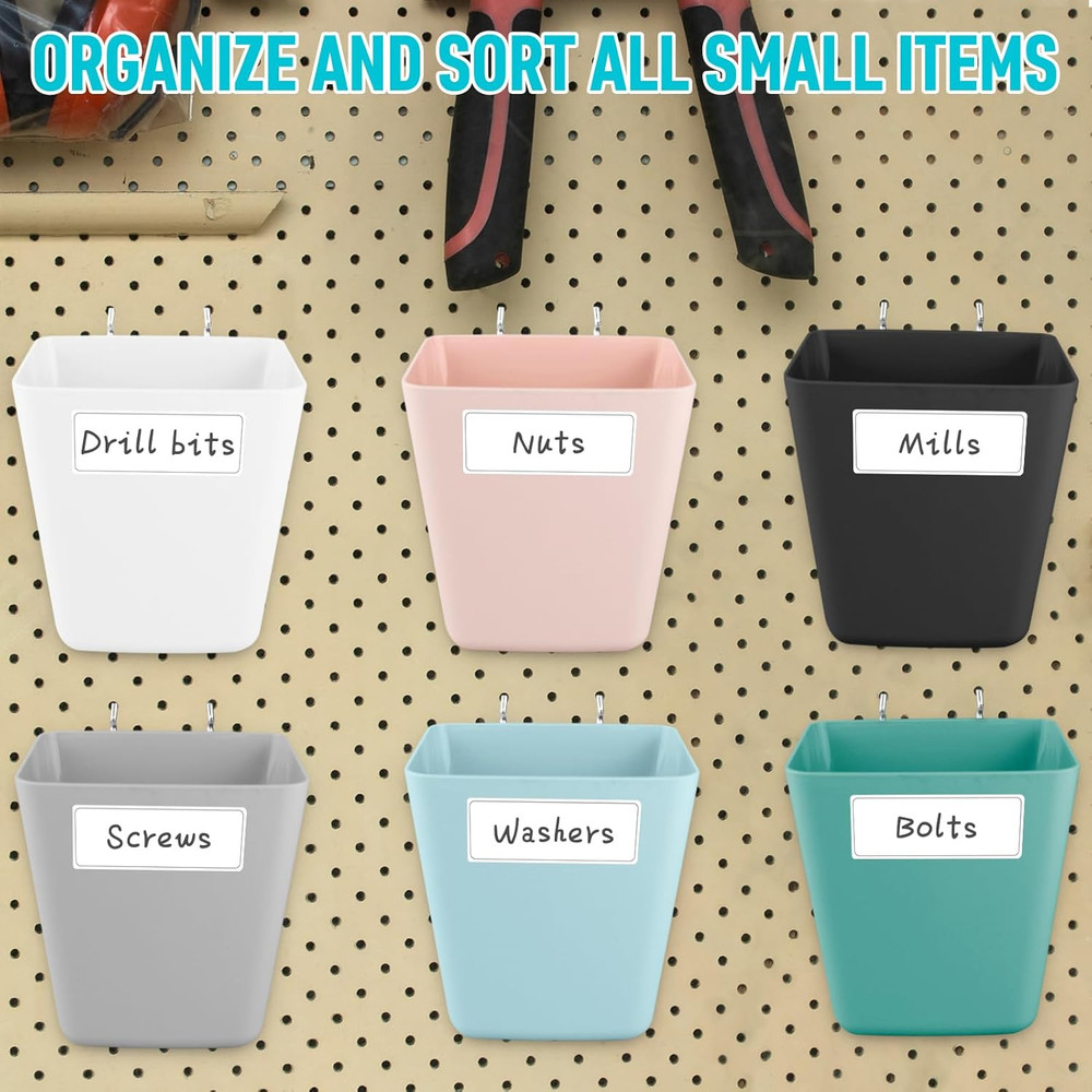 Large Pegboard Cups Peg Board Storage Bin 6 Pack with Hooks, Square Box Shape Pe