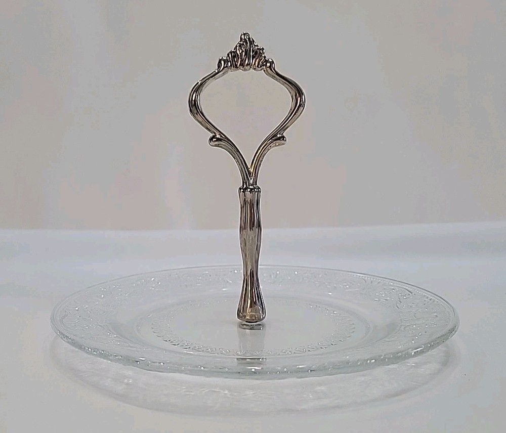 VTG Crystal Glass Appetizer Plate Silver Plated Handle Dessert Server 7" Tray