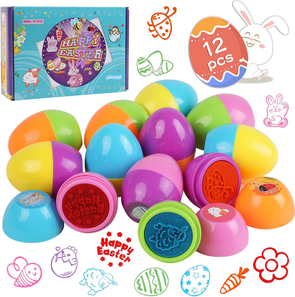 12 PCS Easter Egg Stampers, Easter Egg with Self Inking Stamps for Kids Easter P
