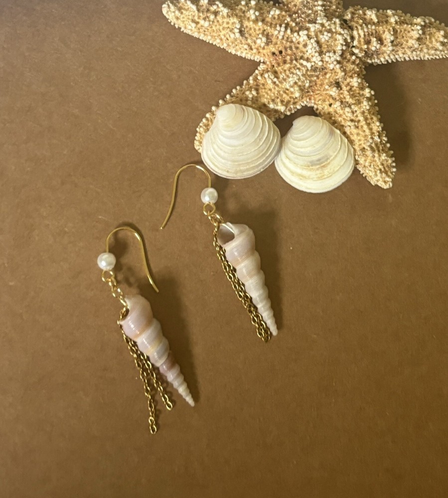 Seashell Dangle Earrings Auger Shell With Pearl Chains Hooks Are Stainless Steel
