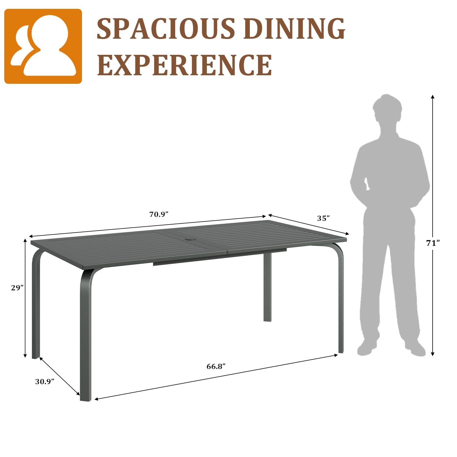 Outdoor Dining Table 71" Marine Grade Aluminum Umbrella Hole Rust Proof for Pool