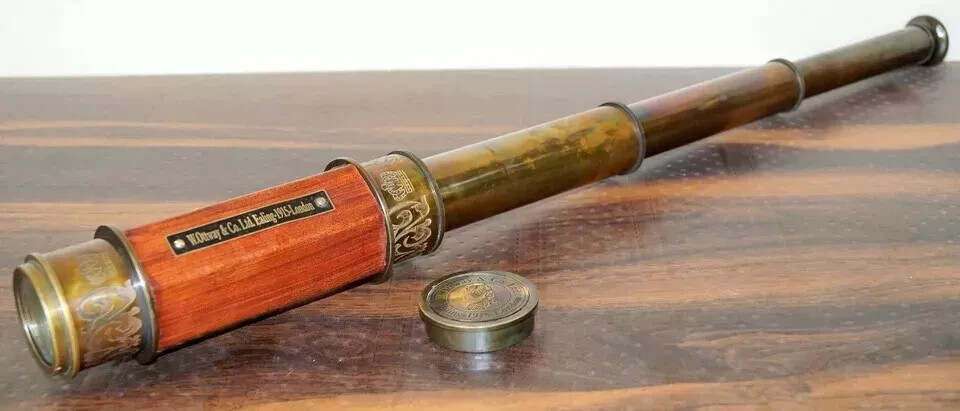 Antique Replica Tabletop Brass Telescope & Compass