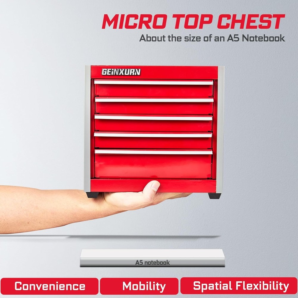 5-Drawer Rolling Red Tool Box Heavy Duty Micro Roll Cab Steel Stackable Tool