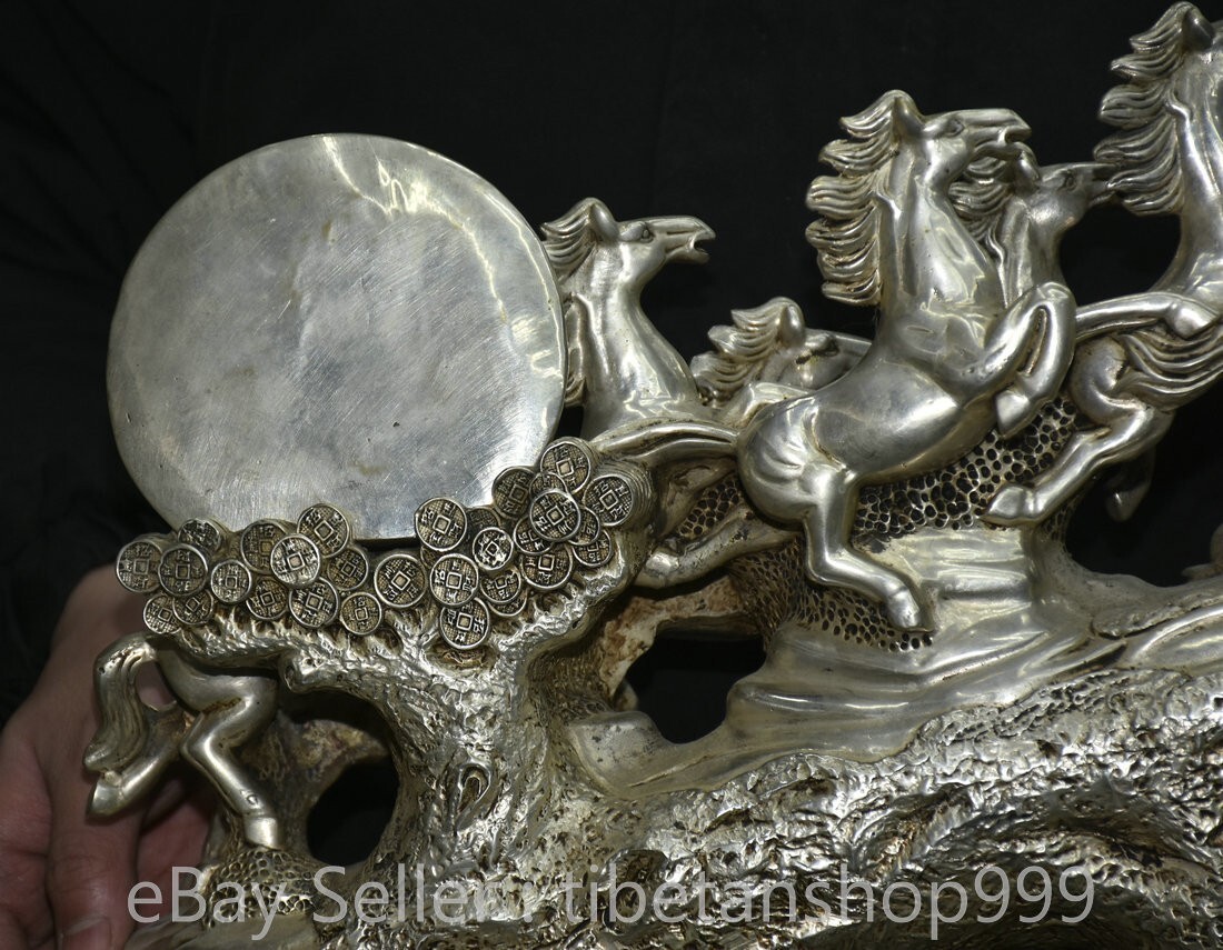 14.8" Rare Old Chinese Dynasty Silver Fengshui 12 Zodiac 8 Horse Word Statue