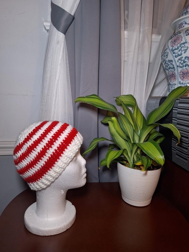 Handmade Crochet Hat Red White Stripes Unique Design