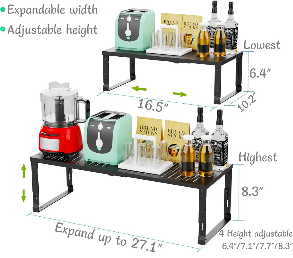 Expandable Stackable Spice Rack Organizer - 2 Pack (Large, Black)