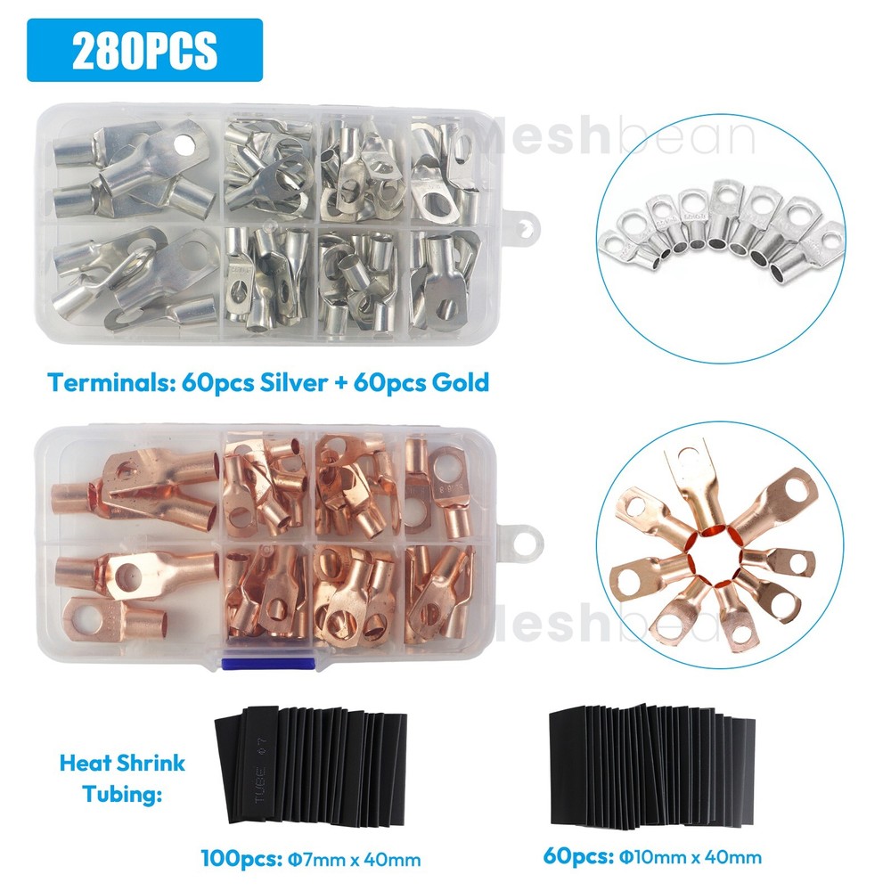 280PCS Car Copper Lug Ring Terminals Cable Electrical Wire Crimp Connectors Kit