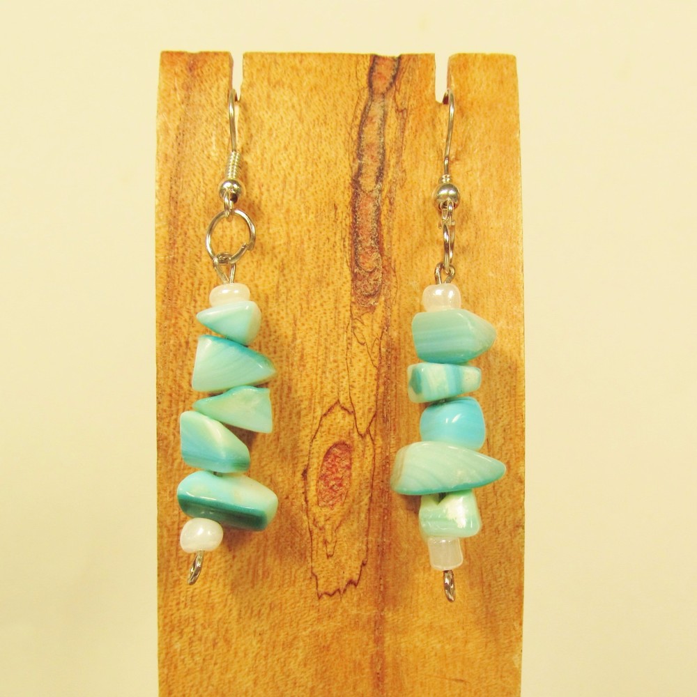 1 1/2" Aqua Turquoise Color Stacked Shell Chips Handmade Drop Dangle Earring