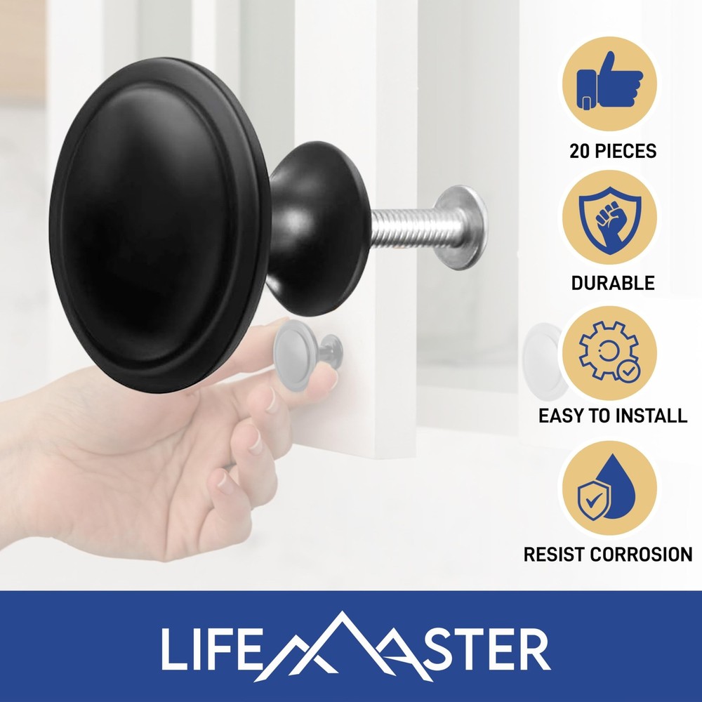 Lifemaster 30pcs 1-1/4 Matte Black Cabinet Knobs - Rust-Proof, Modern Design,...