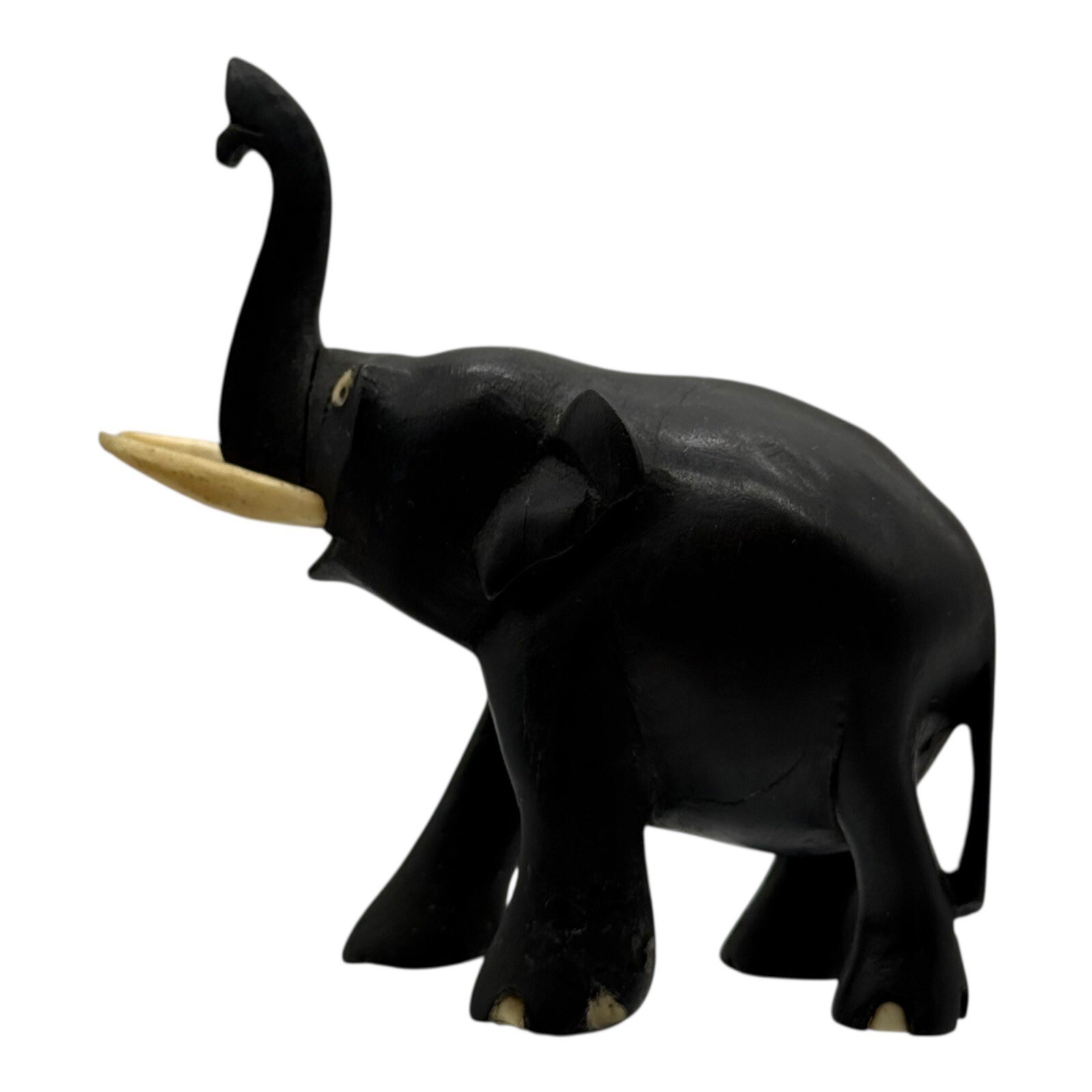 Elephant Figurine Wood Carved Trunk Up Good Luck Home Decor Vintage Statue