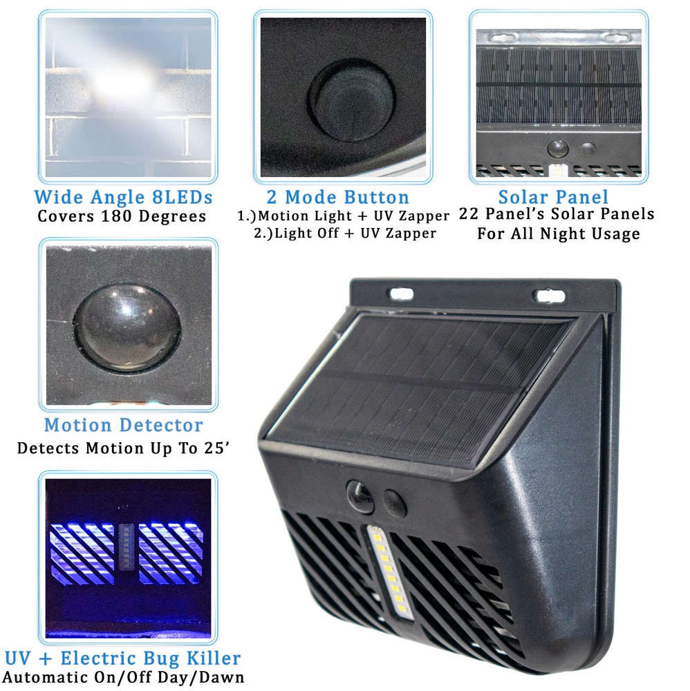 Solar Bug Zapper UV Mosquito Insect Killer w/ Motion Sensor LED Light Waterproof