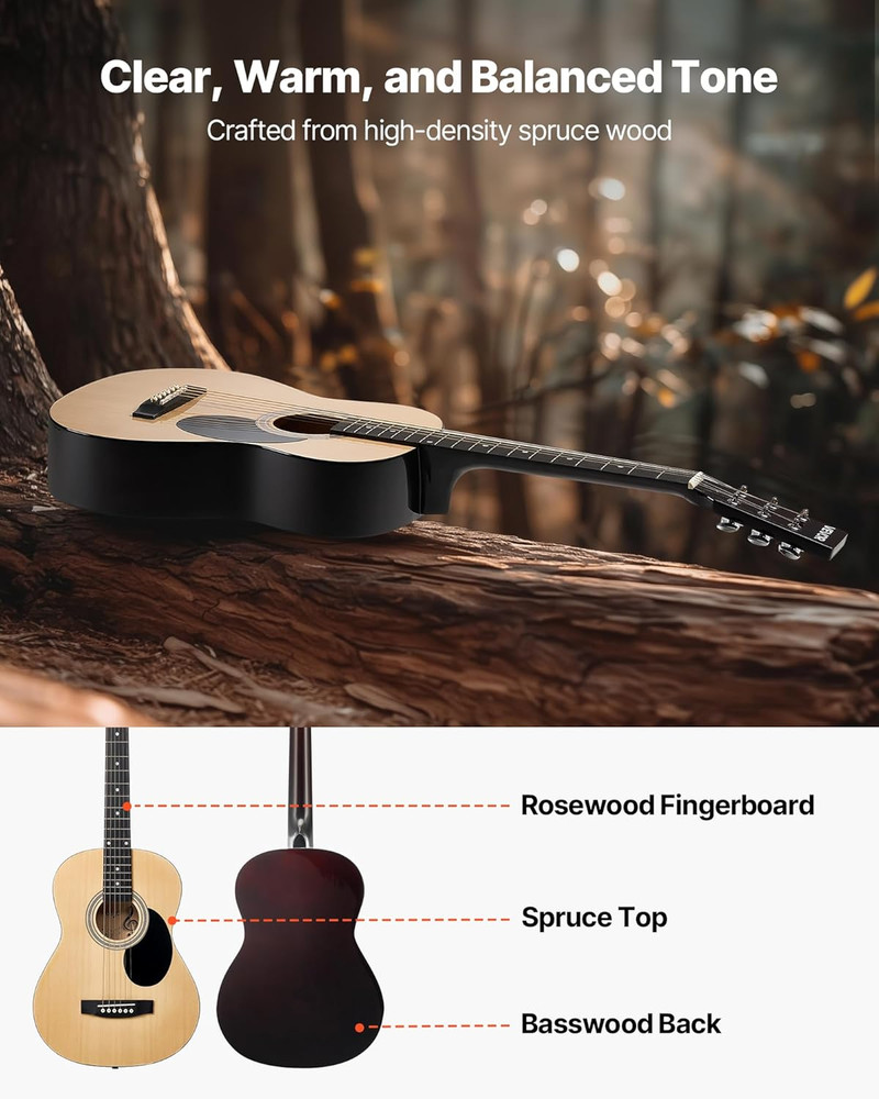 Dreadnought Acoustic Guitar, 36 In, 6-String Natural Solid Top Guitar, Portable