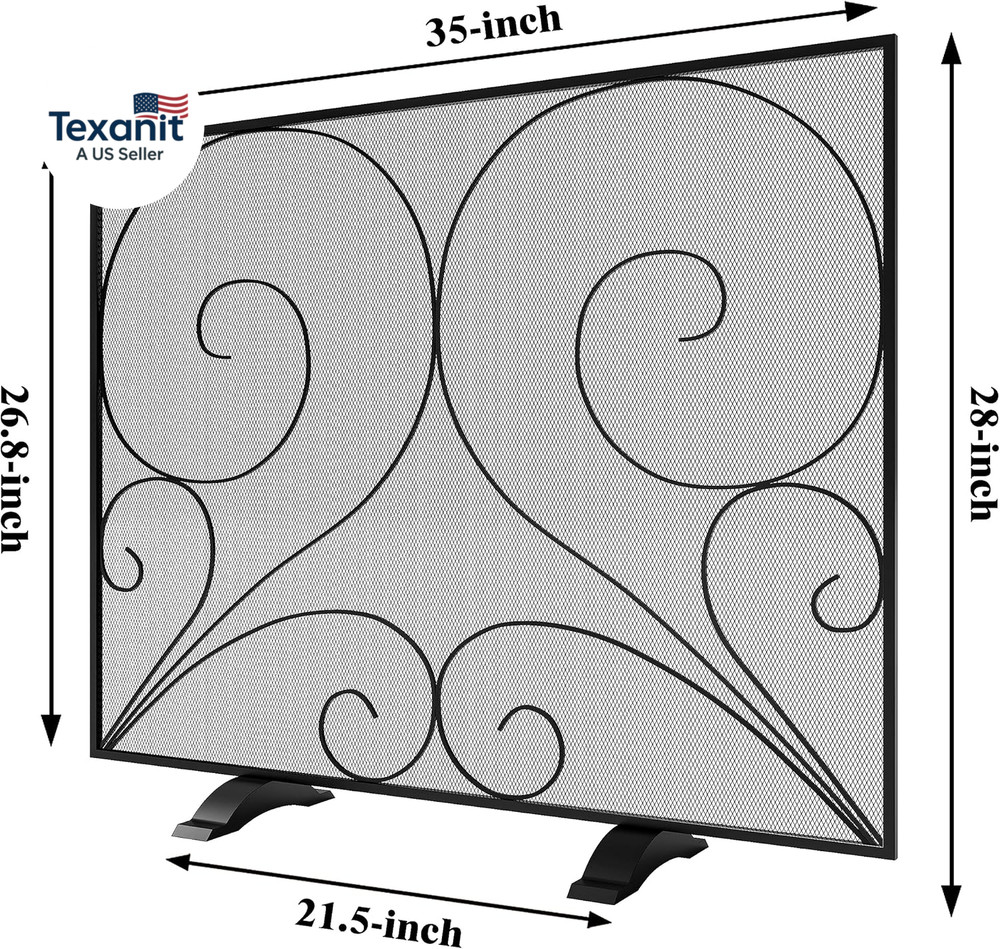 Single Panel Fireplace Screen Handcrafted Solid Wrought Iron Mesh, Heat-Resistan