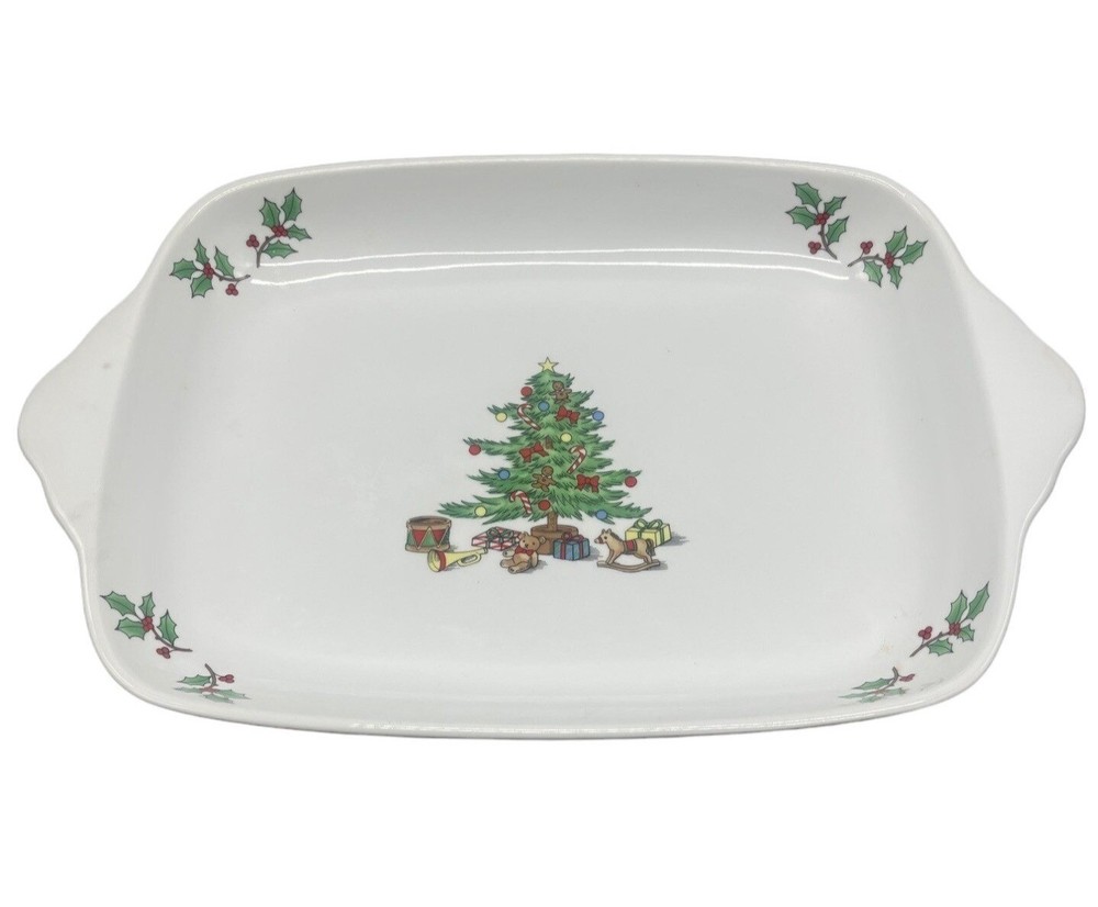 Tienshan Holiday Hostess 16 Inch 2 Quart Rectangular Baker Mint tray tree READ