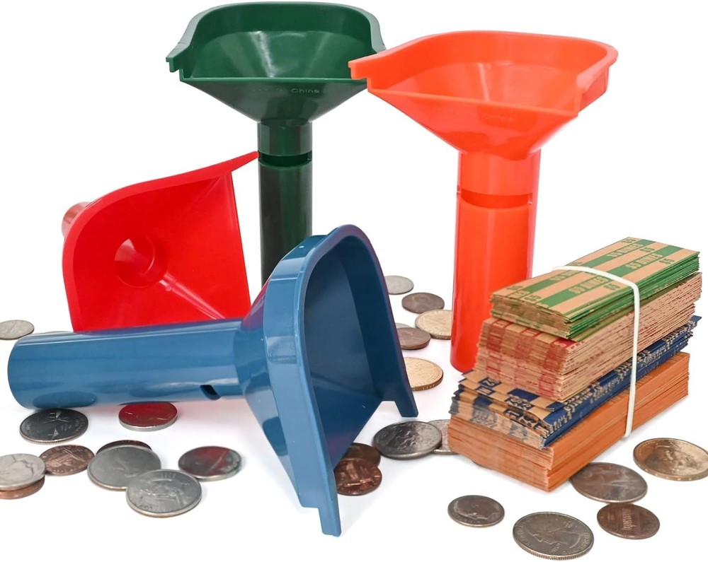 150 Assorted Coin Wrappers & 4 Color-Coded Sorter Tubes – Easy Loading