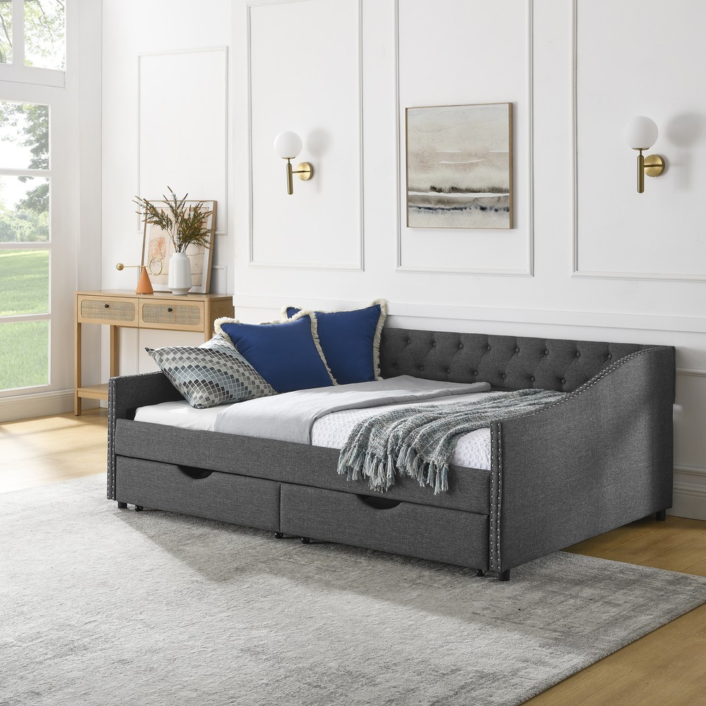 Full Size Daybed with Drawers Upholstered Tufted Sofa Bed, with Button on Back a