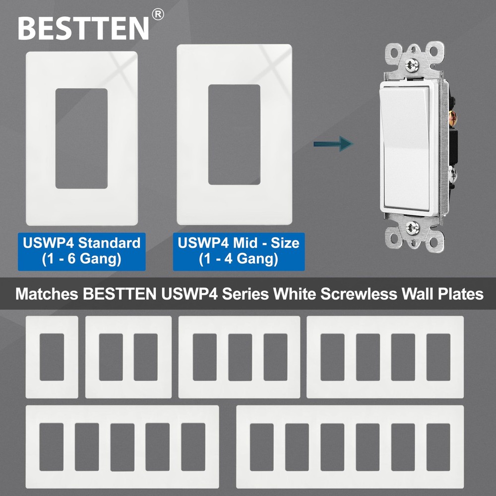 BESTTEN 10 Pack Single Pole Decorator Light Switch with Pole, white