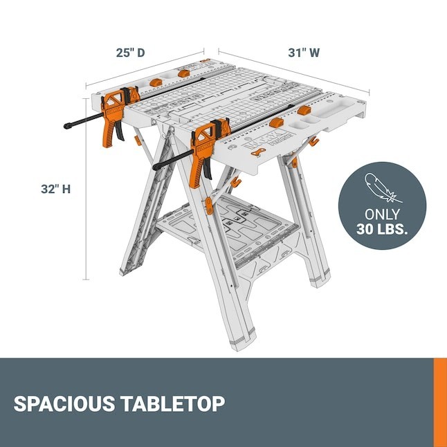 WORX Pegasus Work Table 25'' Portable Folding Workbench Black Orange