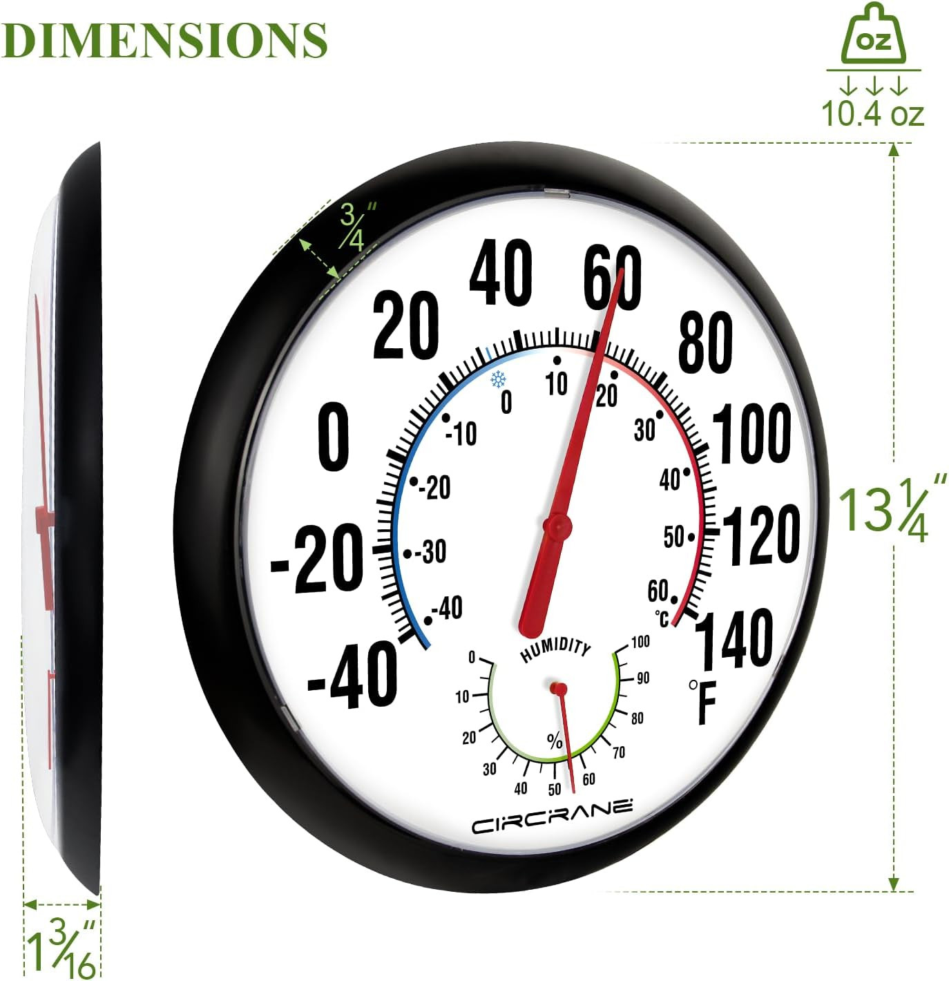 13.25 Inch round Thermometer with Hygrometer, Large Indoor Wall Patio Bimetal We