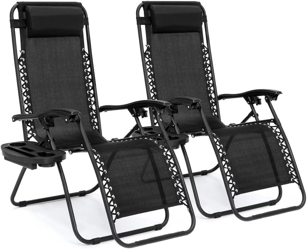 2pk - Zero Gravity Chairs Folding Outdoor Patio Recliner Lounge Chair Cup Holder