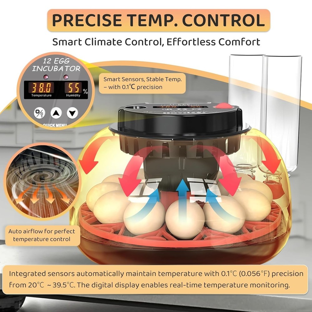 12 Egg Incubator for Hatching Eggs with Fully Automatic Egg Turning, Humidity...