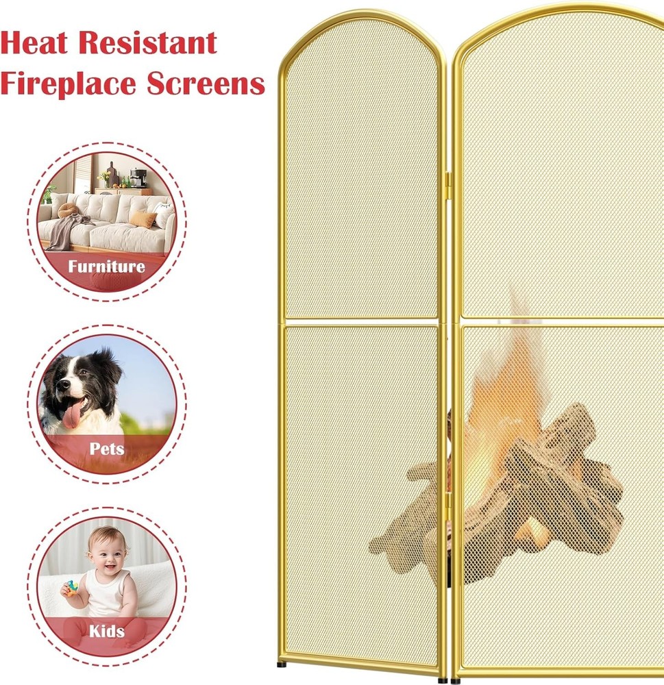 Fireplace Screen Stand Alone Gold Foldable Fireplace Gate 4 Panel Decorative