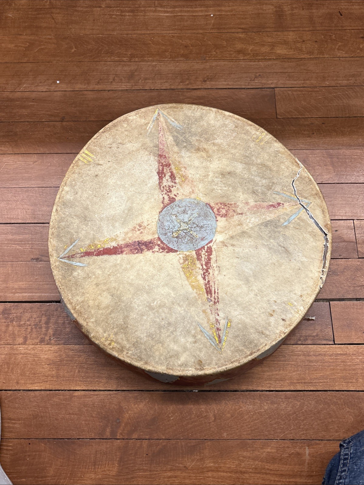 Antique Native American Plains Painted Drum Pictorial Morning Star Painted Drum