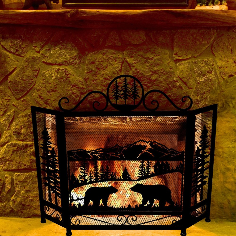 3-Panel Fireplace Screen with Strolling Mama Bear and Cub Design