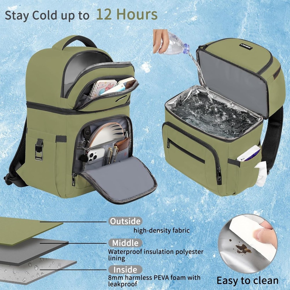 Cooler Backpack,Insulated Backpack Leakproof Double Deck Green