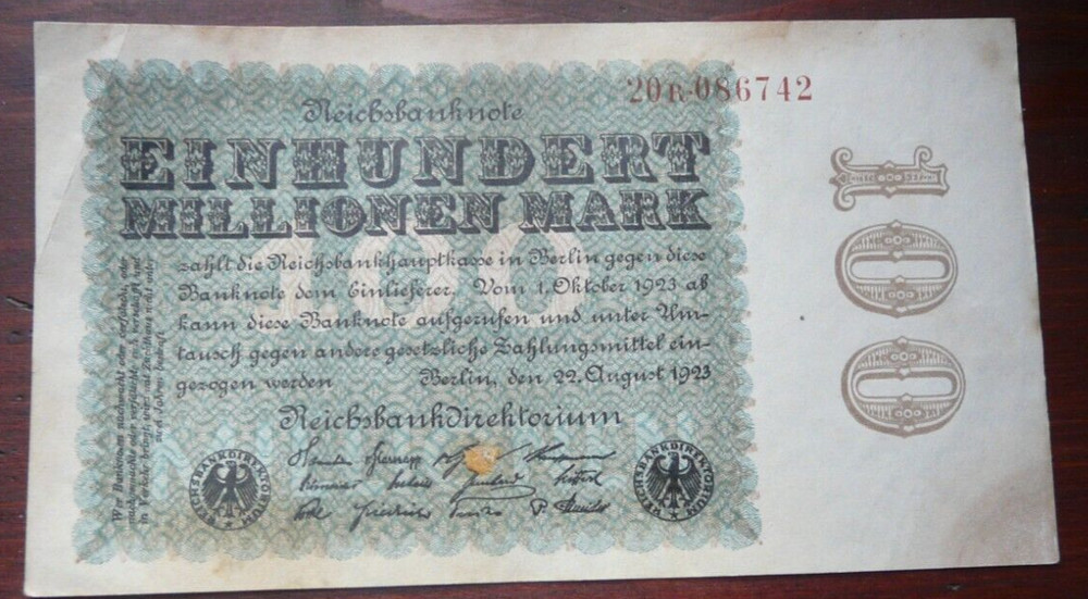 WAR INFLATION GERMAN BANKNOTE ONE HUNDRED MILLION MARKS