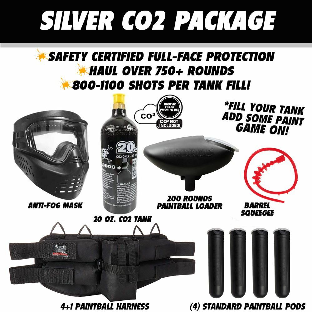 Maddog JT Stealth Semi-Automatic Silver CO2 Paintball Gun Starter Package