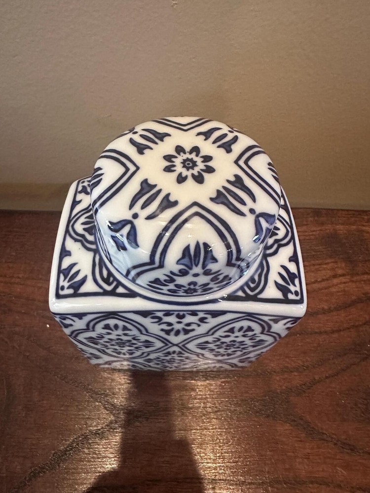 Blue and White Patterned Square Ginger Jar