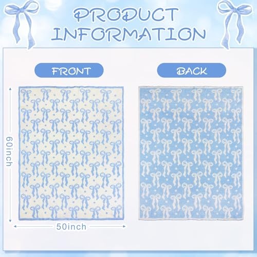 Bow Blanket Winter Soft Microfiber Bow Throw Blanket Double Sided Blue
