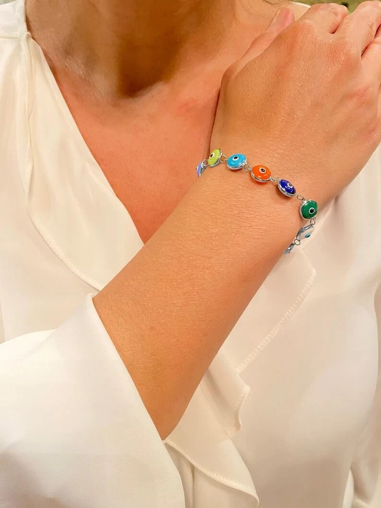 Solid 925 Sterling Silver 10MM Multi-Color Crystal Evil Eye Bracelet - 7.5"