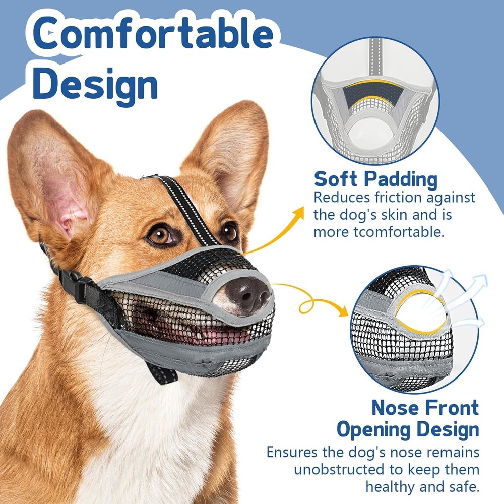 Soft Mesh Dog Muzzle with Reflective Strap - Lightweight Muzzle Adjustable Dogs