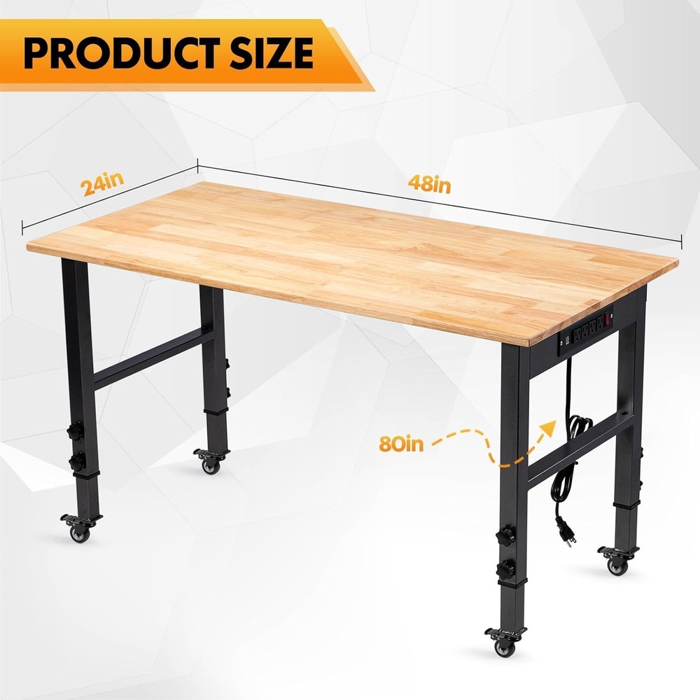 Eco-Friendly Rubber Wood Workbench with 2000 LBS Capacity - Adjustable & Mobile