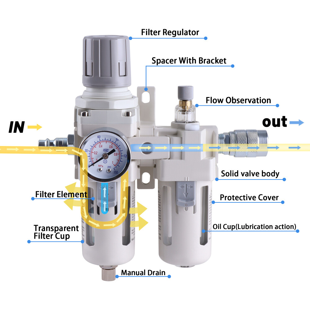 3/8" Compressed Air Filter Regulator Lubricator Combo Water/Oil Trap Separator