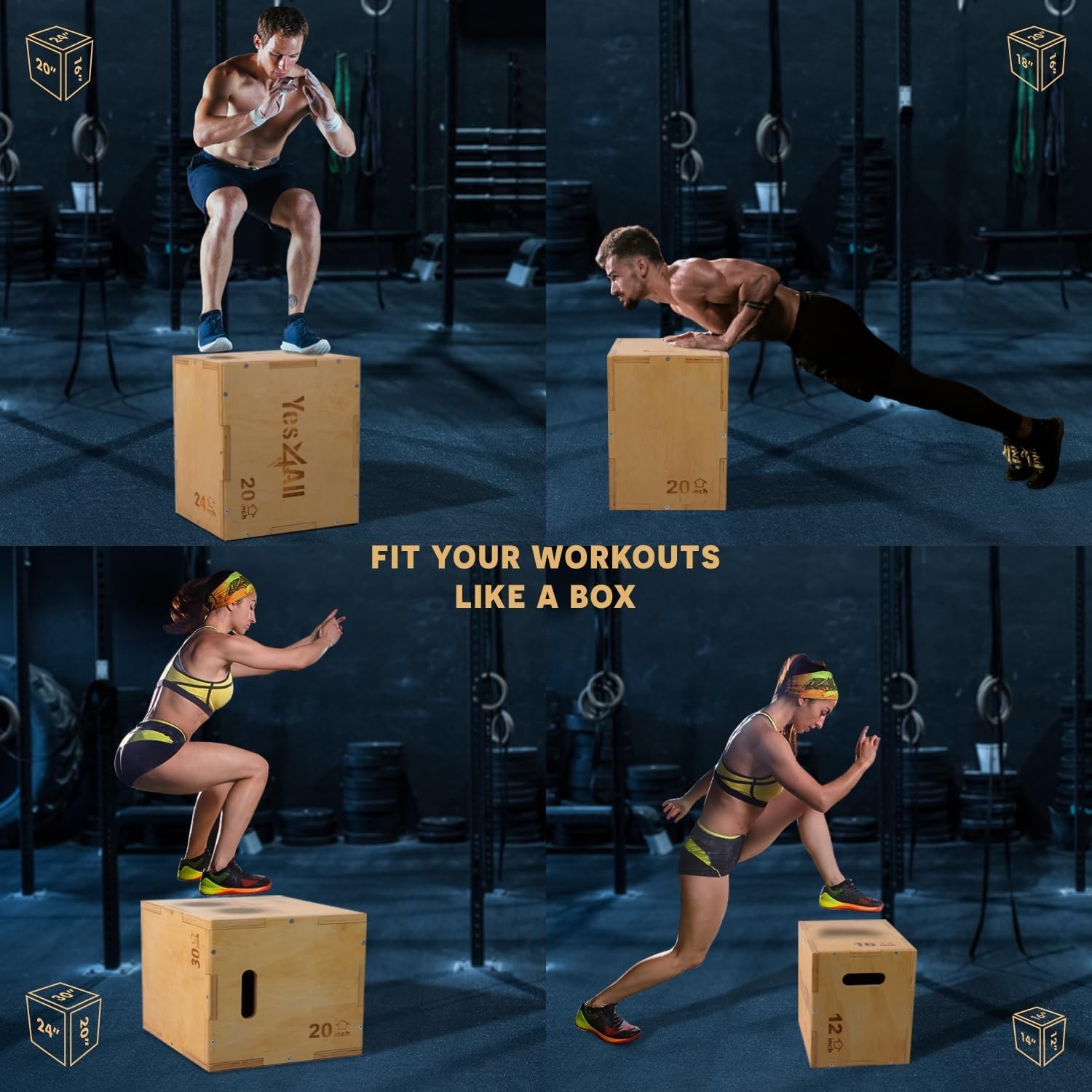 Yes4All Plyo Box, 3-in-1 Wooden Box Jumps for 16" x 14" x 12". For up to 450lbs.