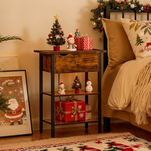 End Table with Charging Station, Narrow Side Table, 1 Rustic Brown + Black