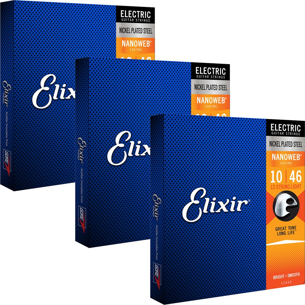 3 Sets Elixir 12450 NANOWEB Electric Guitar Strings, 12-String Light 10-46