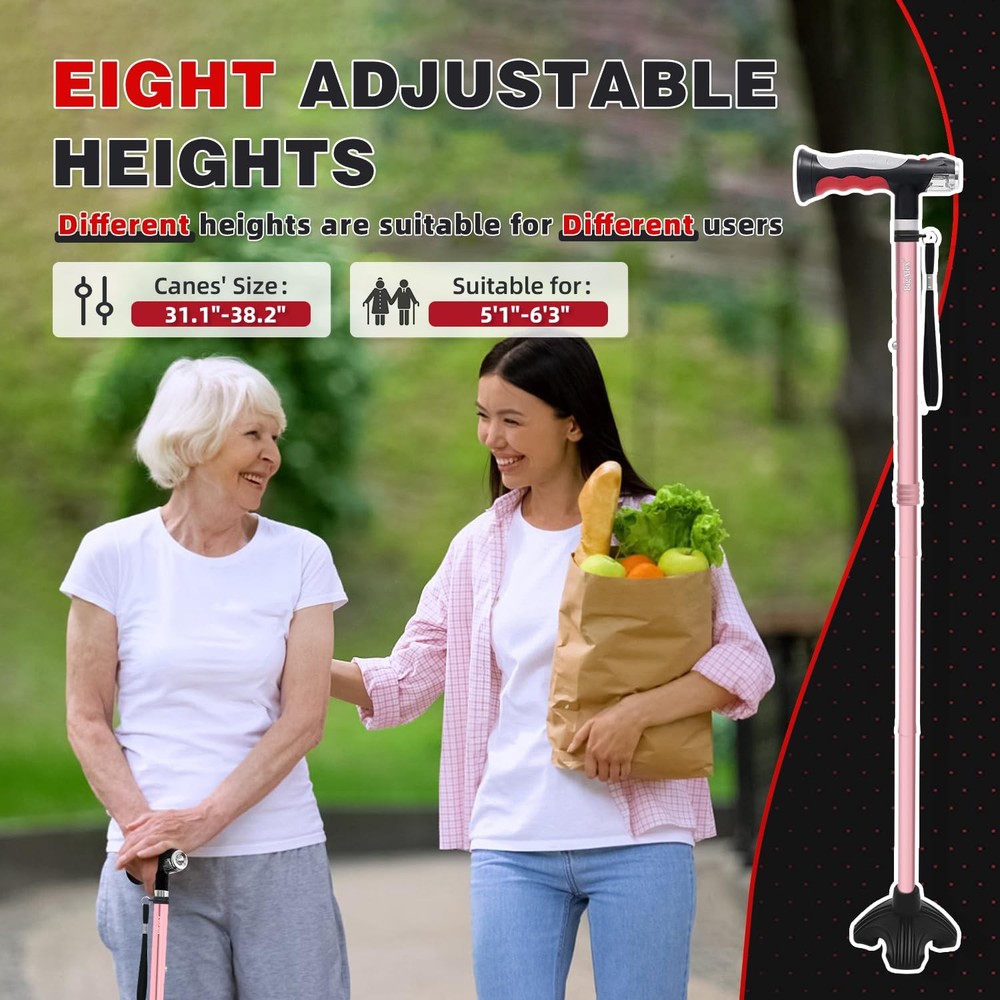 Folding Walking Cane with Two Led Lights for Elderly Solid Base Adjustable Wa...