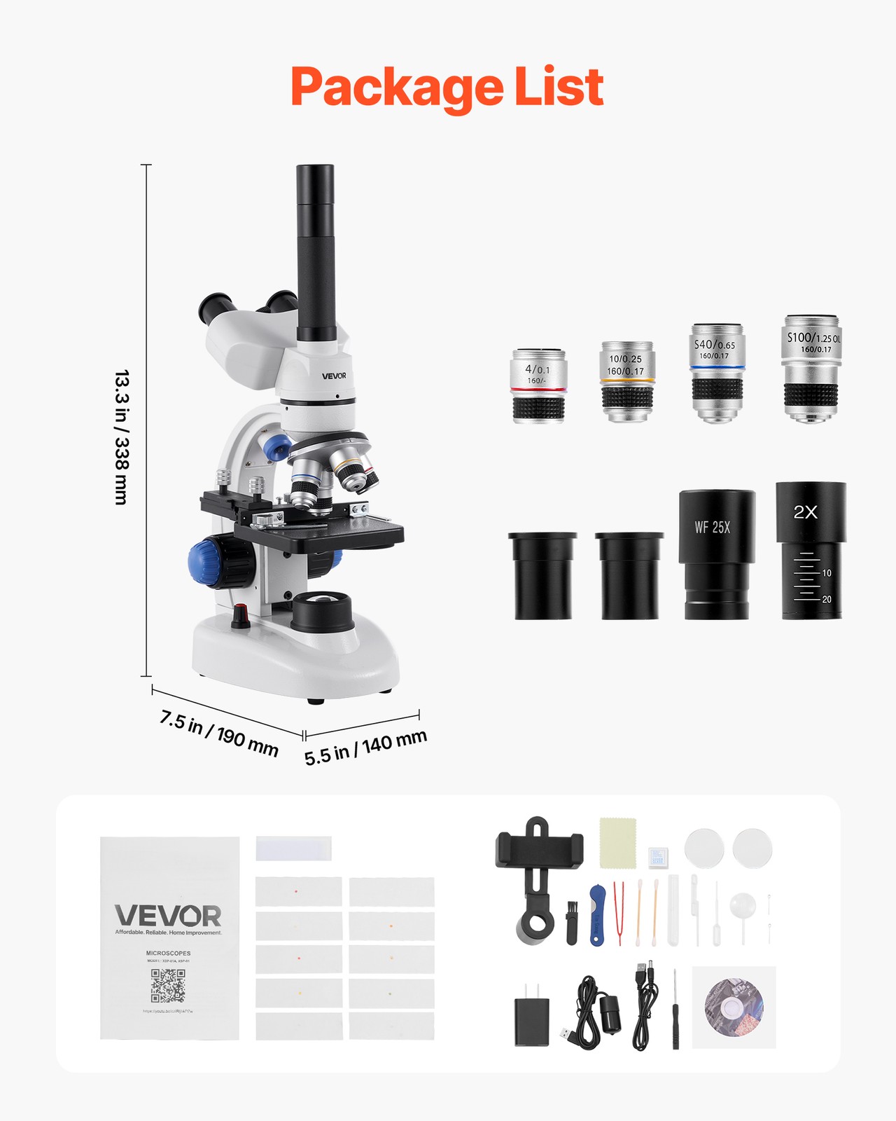 VEVOR Professional Trinocular Compound Microscope Kit 40-5000X Magnification