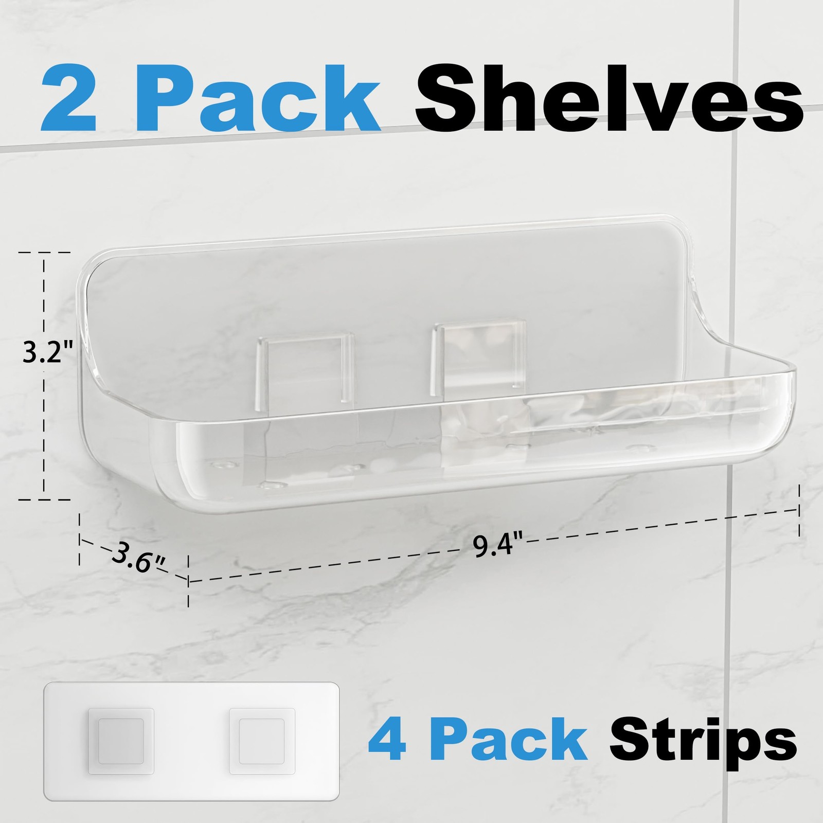 Kawfle Adhesive Shower Caddy, 2 Pack Acrylic Bathroom Shelves, No Drill Wall