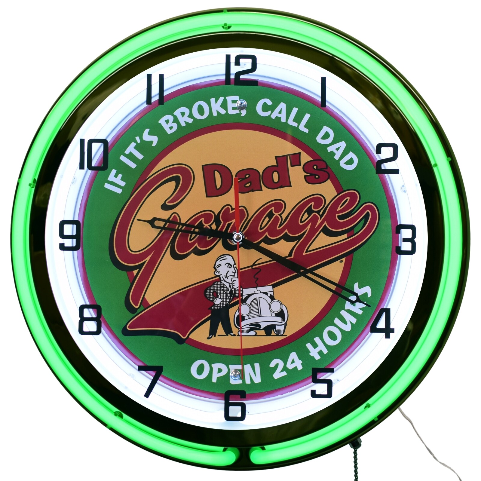 19" Dad's Garage Open 24 Hours! Double Neon Clock Man Cave Garage Decor (Green)