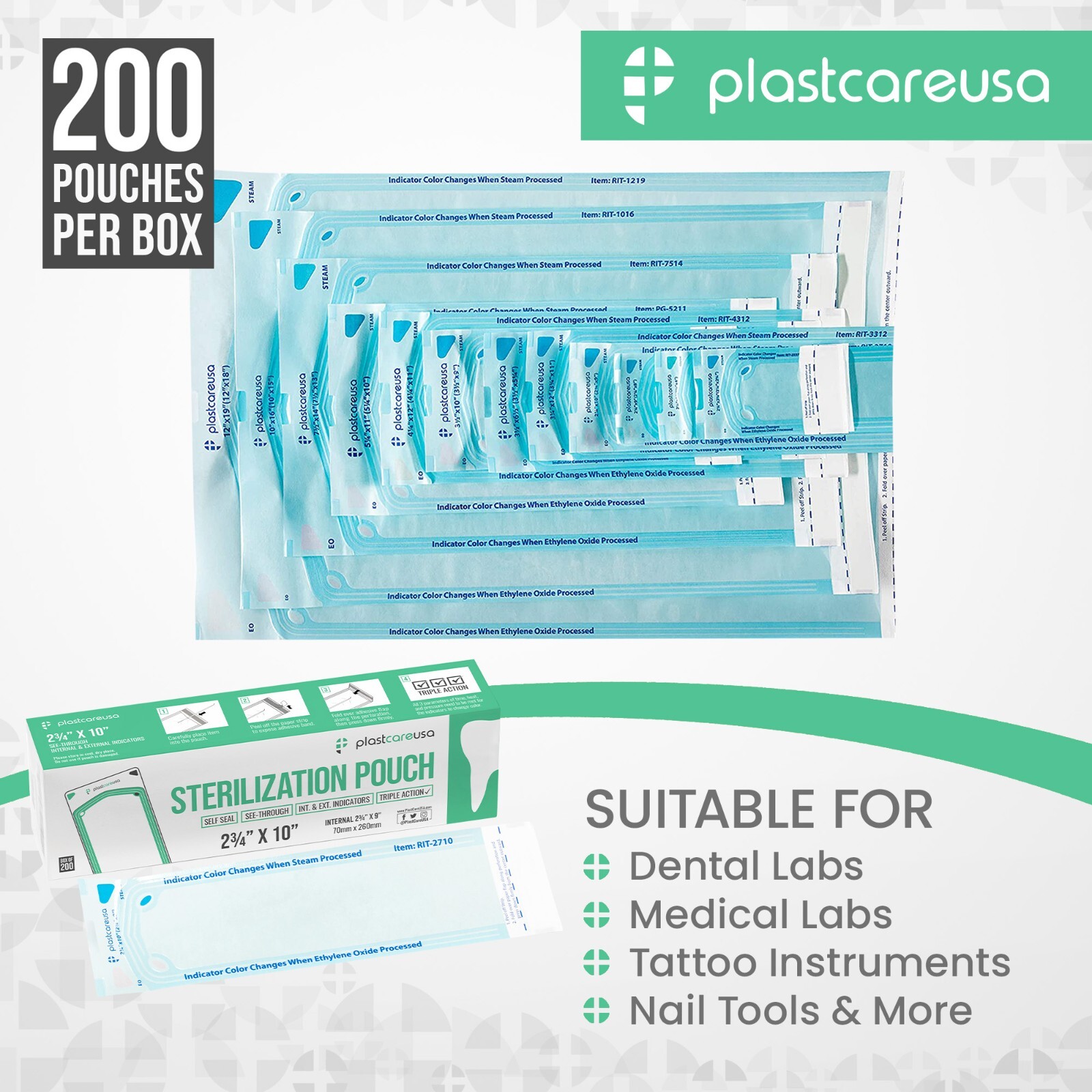 2.75" x 10" Self-Sealing Sterilization Pouches for Autoclave (1 Box of 200)