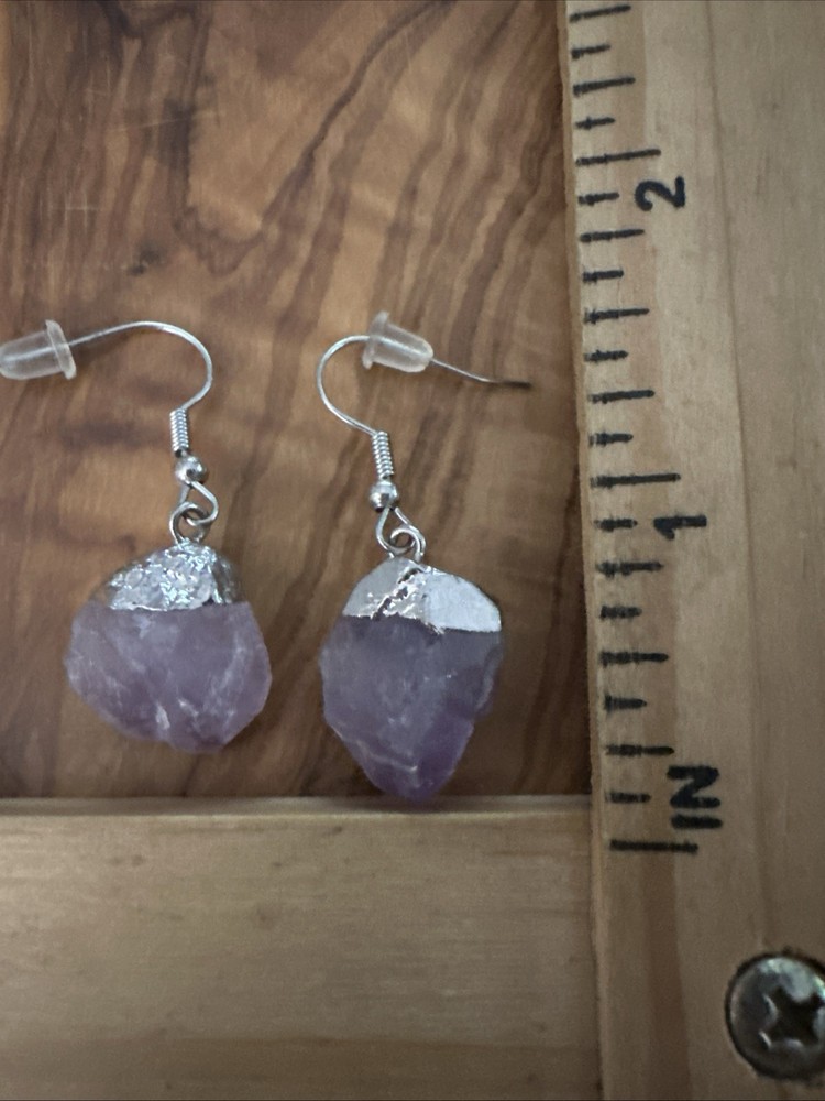 Raw AMETHYST Gemstone Crystal Dangle Silver Tone Hook Earrings