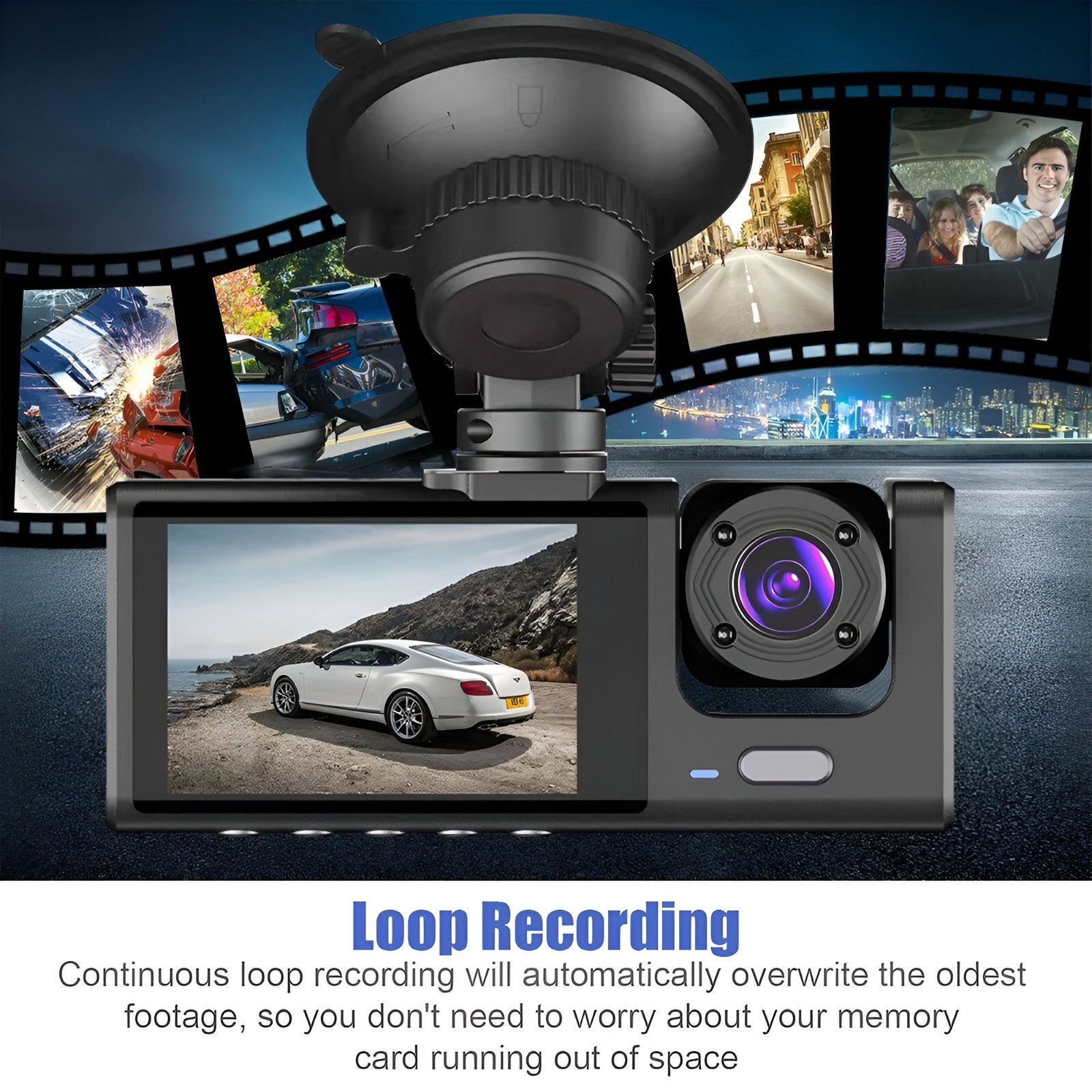 3 Lens Dash Cam Front Cabin Rear 1080P Night Vision, Parking Monitor, G-Sensor