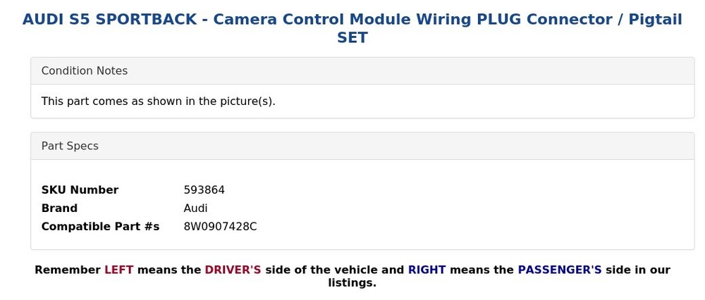 AUDI S5 SPORTBACK - Camera Control Module Wiring PLUG Connector / Pigtail SET