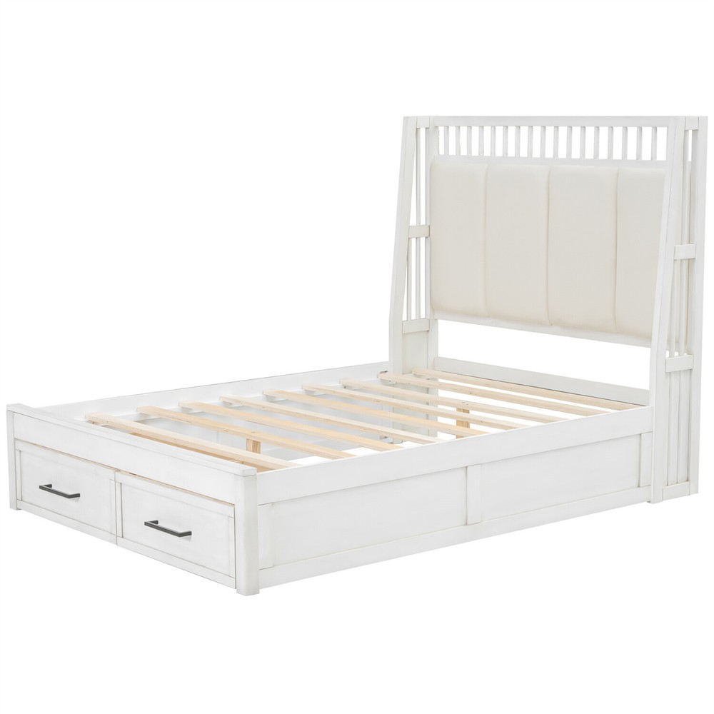 Full/Queen Size Bed Frame Upholstered Platform Bed Frame w/ 2 Drawers White
