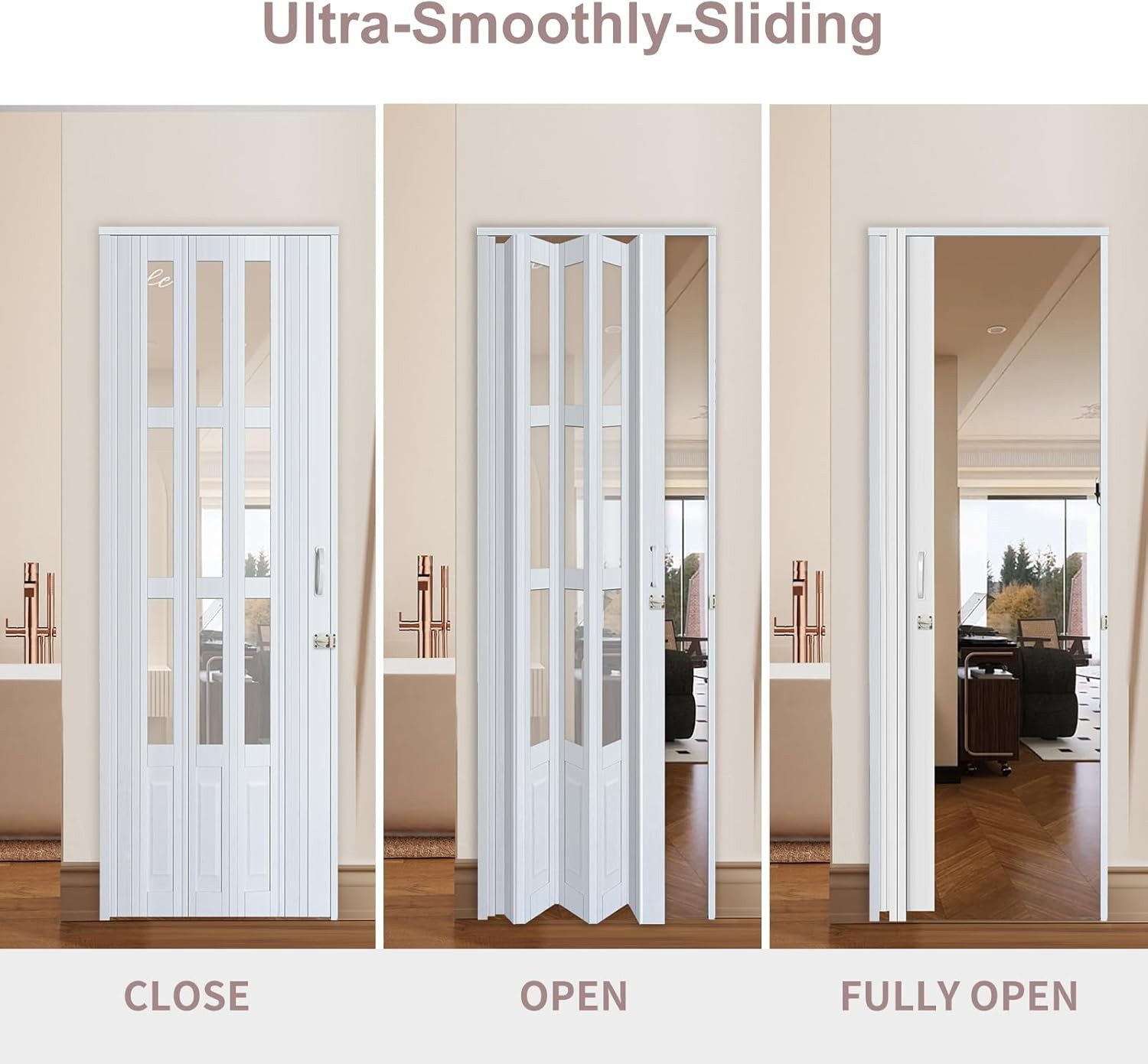 30X80in Accordion Door with Clear Panels, PVC Sliding Folding Doors with Lock，